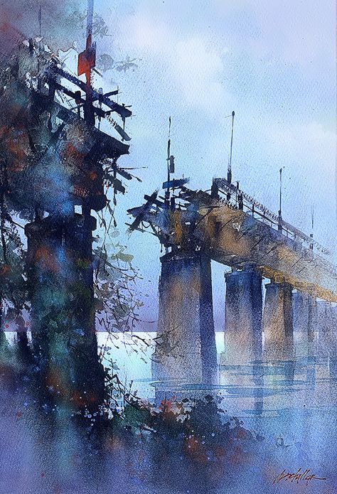 Schaller Watercolor, Thomas W Schaller, Broken Bridge, Bridge Drawing, Thomas Schaller, Bridge Artwork, Collage Project, St Louis Art, Paintings Tutorials