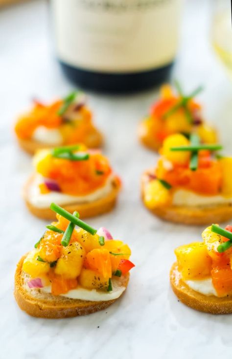 Goat Cheese Crostini with Orange Peach Salsa Orange Themed Food Ideas, Orange Colored Snacks For Party, Color Party Orange Food, Orange Food Ideas Party, Orange Themed Dinner Party, Orange Theme Food Board, Orange Theme Party Food, Orange Color Appetizers, Orange Party Food Snacks Ideas