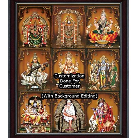 "Almost every order of this frame is a personalized. With either God replacement, or rearrangement, with background editing and in many, all 3 are done. That's the best part of making it something personalized and we are happy to do it for you. Order today" All Hindu God Photos In One Frame, All God Photos In One Frame, God Frames In Pooja Room, God Photos For Pooja Room, Pooja Room Photos Arrangement, All God Images In One Frame, God Photo Frames For Pooja Room, Surya Bhagavan, Room Arrangement Ideas