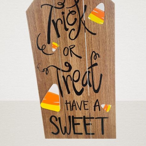 Ganz New Wood Plank “Trick Or Treat Have A Sweet” Halloween Large Sign 16x12x1" Ganz - New Halloween Holiday Themed Fall Art Wall Hanging Wooden Planks Picket Fence Hanging Wall Sign Halloween Script In Black Font, 3d Candy Corn All Wood Construction, Rope Hanging Cord “Trick Or Treat, Have A Sweet” Writing Approximate Measurements: 16” Length 12” Width 1” Depth Ship Same/Next Day, New Items Added Frequently! Items Packaged With Care! Halloween Wood Signs, Homemade Signs, Painted Wood Walls, Painted Wooden Signs, Halloween Wood Crafts, Funny Decor, Large Sign, Plate Decor, Fall Art