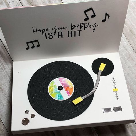 Music Pop Up Card, Record Birthday Cards, Birthday Card Ideas Music, Music Birthday Card Ideas, Music Theme Cards, Record Cards Ideas, Music Themed Birthday Cards, Music Cards Ideas, Birthday Cards Simple