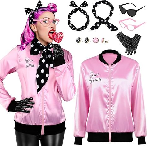 Amazon.com: AOTHSO 1950s Pink Satin Jacket with Polka Dot Scarf Headband Earrings Glasses Halloween Cosplay Costume for Women, 8 Pieces : Clothing, Shoes & Jewelry 1950s Party Outfit, Pink Lady Costume, Polka Dot Gloves, 50s Outfit, Pink Ladies Jacket, 50s Costume, Old Lady Costume, Polka Dot Headband, Pink Costume