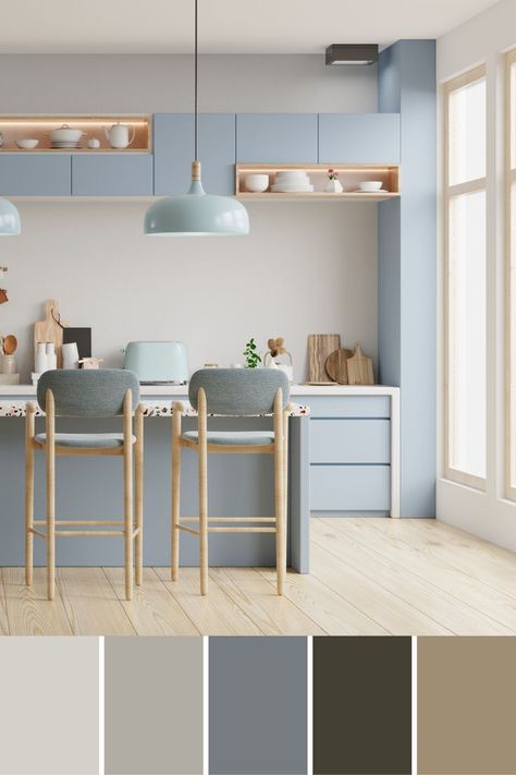 Pastel Kitchen Inspiration, Home Decor Pastel Color Office Interior, Modern Kitchen Design Light Colors, Pastel Color Kitchen Ideas, Light Blue Kitchen Color Scheme, Pastel Blue Dining Room, Pastel Coloured Kitchen, Blue Aesthetic House Interior, Pastel Scandi Kitchen, Cute Kitchen Color Schemes