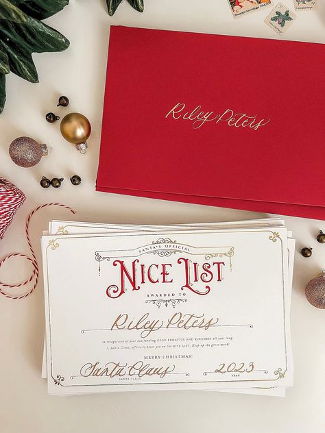 "Bring the magic of Santa alive this Christmas with an Official Nice List Certificate personalized with your child's name! Your little one won't believe their eyes when they receive this official certificate signed by Santa Claus himself delivered straight from the North Pole! The certificate is gold foil stamped on heavy cardstock and arrives sealed in a red envelope. Your child's name, Santa's signature and the date will all be hand calligraphed onto the certificate in gold metallic ink. The e Santa Meet And Greet Ideas, Santa Visit Ideas, Santa Stationary, Santa Certificate, Christmas Certificate, Official Nice List Certificate, Santa Nice List Certificate, Santa Nice List, Christmas Letter From Santa