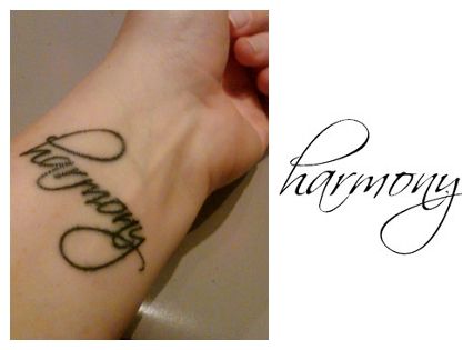 Harmony Tattoo Words, Harmony Name Tattoo, Harmony Tattoo Ideas, Harmony Tattoo, Dove Tattoo Design, Glyph Tattoo, Rune Tattoo, Clock Tattoo Design, Music Tattoo Designs