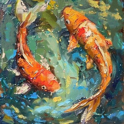 Daily Paintworks - "Koi Fish Oil Painting" - Original Fine Art for Sale - © Arsen Galikeev Koi Fish Oil Painting, Knife Painting Acrylic Canvases, Koi Fish Painting Acrylics, Koi Fish Pond Painting, Koi Pond Painting, Fish Painting Acrylic, Fish Oil Painting, Artwork Animals, Koi Fish Painting