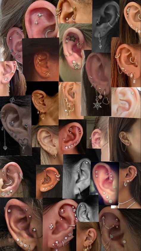 Peicerings Ideas, Places For Piercings, Earrings Placement Ideas, Places To Pierce Your Ear, Left And Right Ear Piercing Ideas, Industrial Piercing Anatomy, Ear Piercing Ideas Chart Names, Piercing Layout Ideas, Fully Pierced Ears