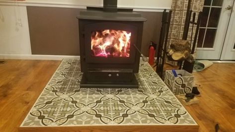 Diy Hearth Pad Wood Stoves, Diy Wood Stove Hearth Pad, Wood Stove Hearth Pad Ideas, Tile Under Wood Stove, Diy Hearth For Wood Stove, Diy Hearth Pad, Wood Stove Hearth Pads, Outside Wood Stove, Pellet Stove Hearth