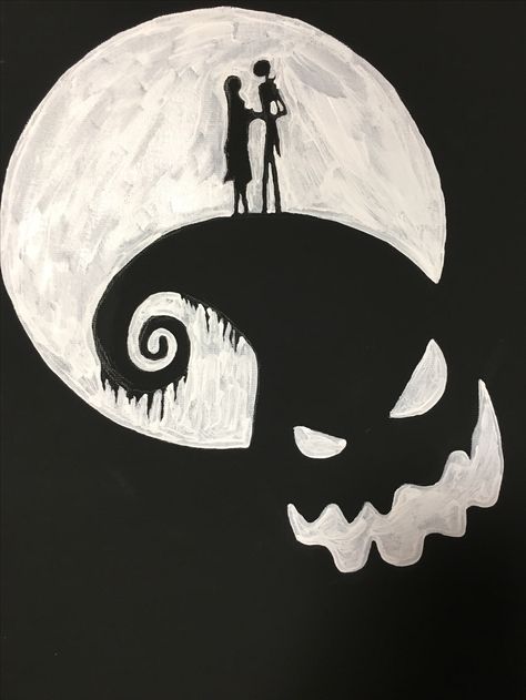 The Nightmare Before Christmas canvas painting using a black canvas. Nightmare Before Christmas Canvas Painting, Christmas Canvas Painting, Halloween Canvas Paintings, Halloween Canvas Art, Nightmare Before Christmas Drawings, Black Canvas Paintings, Tim Burton Art, Disney Paintings, Christmas Paintings On Canvas