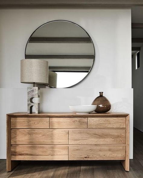 Crate and Barrel on Instagram: "Now entering your dream entryway. 🤩 To curate your own, follow this formula: statement mirror + artsy vase + storage. Show us how you make yours a moment with #CrateStyle. #Entryway #EntrywayFurniture #EntrywayDecor" Stone Table Lamp, White Centerpiece, Oak Dresser, Stone Table, Modern Mirror Wall, Marble Table Lamp, White Oak Wood, Floor Mirrors, Crate Barrel