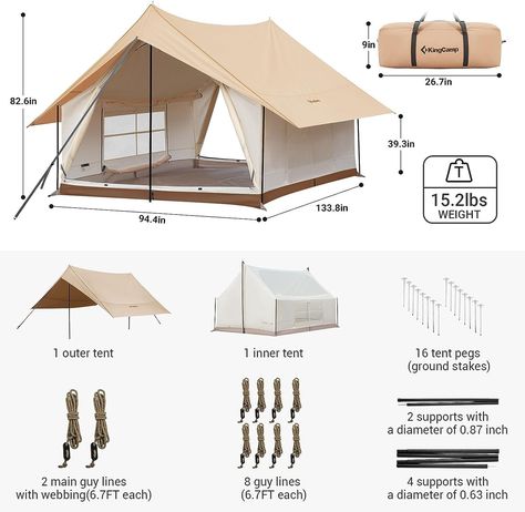 Amazon.com : KingCamp Canvas Cabin Tent with Large Windows, Waterproof & Breathable 4 Season Tents, Easy Setup Glamping Tent with Carry Bag, for Camping, Picnic Khaki : Sports & Outdoors Camping Things, Bag For Camping, 4 Season Tent, Glamping Tent, Tent Material, Wall Tent, Inner Tent, Cabin Tent, Tent Tarp