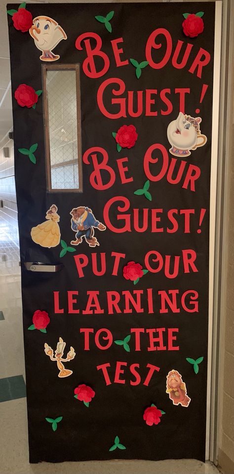 Once Upon A Time Classroom Door, Fairytale Theme Classroom Door, Disney Doors Classroom, Preschool Classroom Themes Disney, Beauty And The Beast Bulletin Board Ideas, Disney Themed Elementary Classroom, Disney Themed Library, Disney Classroom Ideas Bulletin Boards, Disney Themed Daycare Room