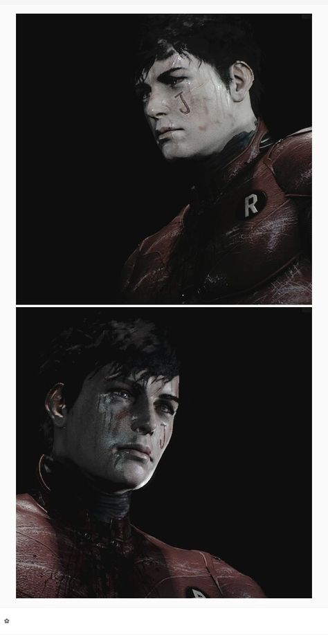 Jason Todd. you can see the tear tracks on his face. Jason Todd Batman Arkham Knight, Arkham Knight Jason Todd Art, Jason Todd Tattoo Ideas, Jason Todd Face Claim, Jason Todd And Joker, Jason Todd Torture, Jason Todd Scars, Jason Todd Fancast, Jason Todd Arkham Knight