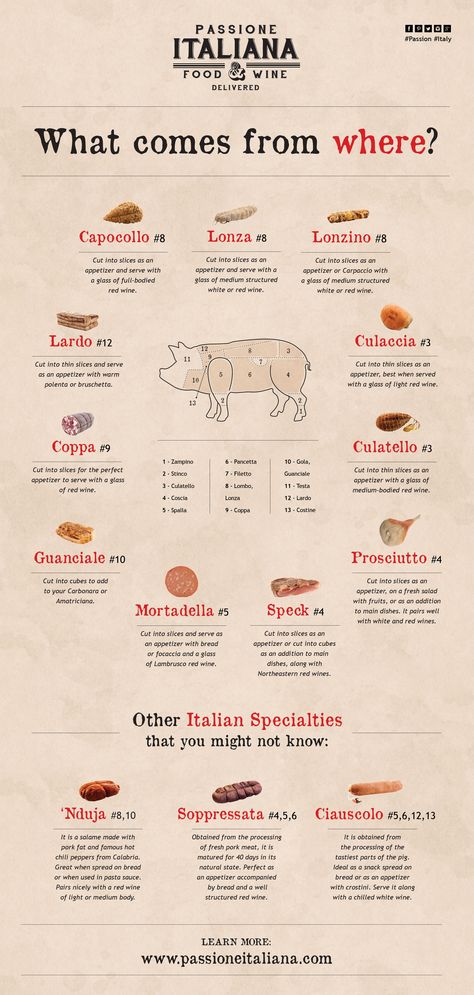 In Italy, we know how versatile pork is. This #infographic will tell you about… Italian Market, Food Infographic, Italian Language Learning, Food Charts, Learning Italian, Food Guide, No Cook Meals, Wine Recipes, Italian Recipes