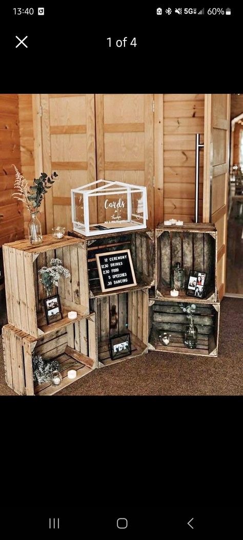 Wood Crate Wedding Decor, Wedding Memorial Display, Wooden Crates Wedding, Wooden Crates Projects, Wedding Crates, Milk Crates, Wood Crates, Card Box Wedding, Photo Memories