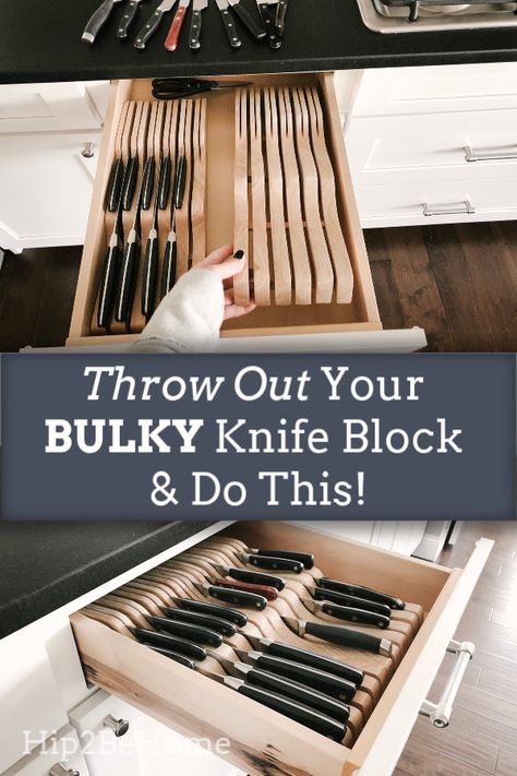 Cutco Knife Storage, Kitchen Drawer Organization Knives, Unique Knife Block, Knife Kitchen Storage, Kitchen Knife Drawer, Knives In Drawer, Knives Storage Ideas, Knife Storage Kitchen, Knife Set Kitchen Counter