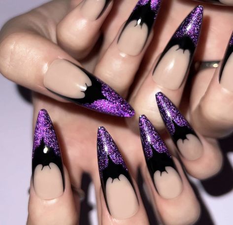 Gothic Purple Cat Eye French Tip Bat Almond Stiletto Nails Nail Bat, Bat Nails, Halloween Manicure, Long Almond, Halloween Press On Nails, Nail Type, Nail Forms, Gradient Nails, Manicure Set