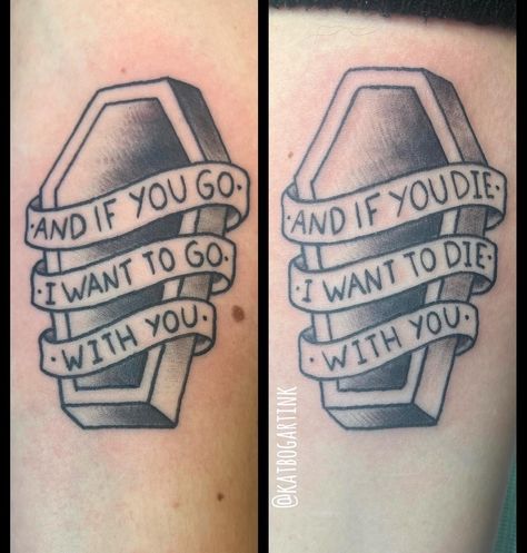 Atheistic Tattoos, Ghost Band Lyric Tattoo, System Of A Down Matching Tattoo, And If I Go I Wanna Go With You Tattoo, Couples Horror Tattoos, Goth Music Tattoo, Couple Tattoos Goth, Gamer Matching Tattoos, Lonely Day System Of A Down Tat