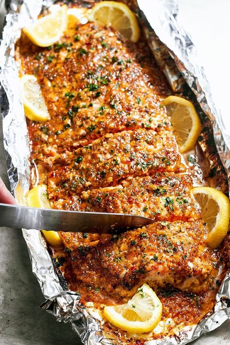 Honey-Garlic-Salmon-In-Foil-recipe-1 Garlic Burgers, Bake Shrimp, Butter Zucchini, Foil Bake, Salmon In Foil, Honey Garlic Salmon, Mustard Salmon, Oven Baked Salmon, Garlic Salmon