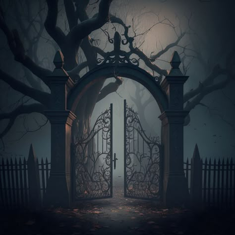 Small Abandoned Houses, Cemetery Gates Tattoo, Dark Graveyard Aesthetic, Graveyard Entrance, Misty Graveyard, Fantasy Graveyard, Graveyard Drawing, Graveyard Gate, Gothic Gate