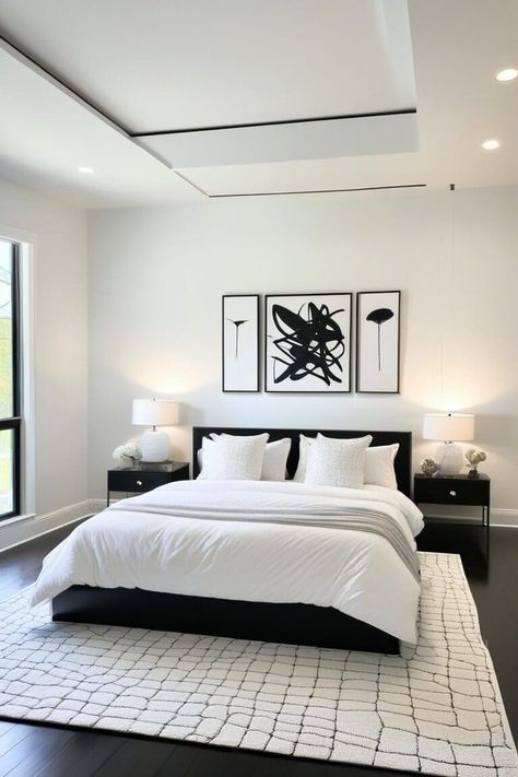 15 Stunning Black and White Bedroom Ideas to Transform Your Space Black White Bedrooms Modern, Black White And Grey Bedroom Ideas Simple, Low Bed Frame Bedroom Ideas, White With Black Accents Bedroom, Black Theme Room Ideas, Bedding Ideas Black And White, Master Bedrooms Decor Black And White, Black Bed White Furniture, Bedroom Inspo Black And White