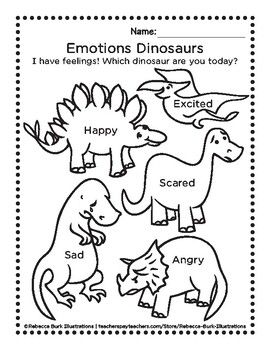 Emotions Dinosaurs - I have feelings! - Coloring Page Worksheet  Help young children learn about feelings and emotions and how to talk about them. This worksheet is perfect for use in pre-K and kindergarten settings, homeschool or as a fun activity!  The download includes a digital, 300 DPI, high-resolution, PDF file for printing at home or for the classroom. Prints 1 - 8.5" x 11" page. Body Feelings Worksheet, Dinosaur Emotions Activity, Preschool Emotions Art, Feeling Emotions Preschool Activities, Emotion Activities For Kindergarten, Dinosaur Emotions, Emotion Lessons For Preschool, Happiness Activities For Kids, Pre K Feelings Activities