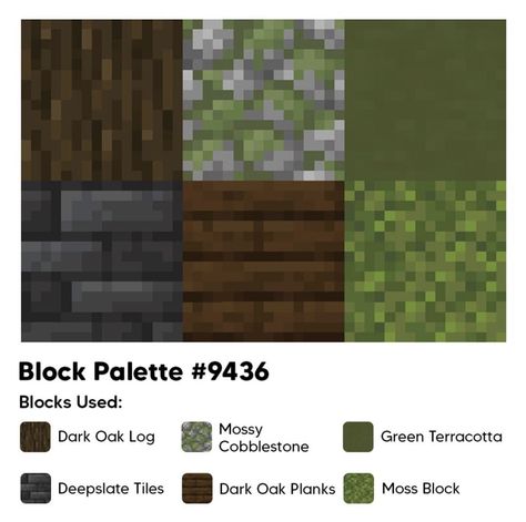 Minecraft House Ideas Cobblestone, Dark Oak Pallet Minecraft, Dark Academia Minecraft Block Palette, Best Minecraft Block Combinations, Minecraft Green Color Palette, Minecraft Block Palette Birch, Minecraft Green Block Palette, Minecraft Deep Slate Palette, Minecraft Green Palette