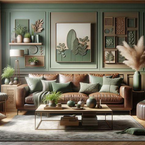 sage green with brown leather couch Sage Green Living Room Brown Sofa, Living Rooms With Brown Couches, Brown And Green Living Room, Green Couches, Brown Couch Decor, Brown Leather Sofa Living Room, Sage Living Room, Leather Couch Living Room Decor, Brown Leather Couch Living Room