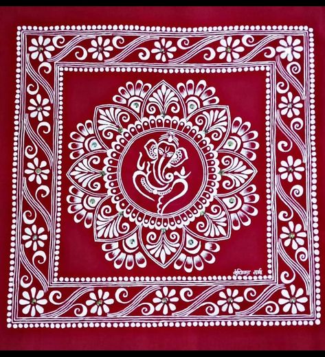 Aipan art on cloth Mandala Fabric Painting, Aipan Art Uttarakhand Border, Square Alpona, Painted Rangoli, Aipan Art Uttarakhand, Aipan Design, Painting Black Background, Alpona Art, Aipan Art