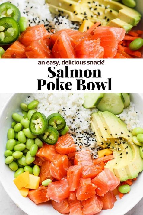 Raw Salmon Bowl, How To Make Poke Bowl, At Home Poke Bowl Recipe, Poke Bowl With Salmon, Homemade Poke Bowl Salmon, Raw Salmon Poke Bowl, Salmon Recipes Asian Rice Bowls, Easy Salmon Poke Bowl Recipe, How To Make A Poke Bowl