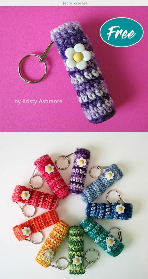 Flower Lip Balm Holder Crochet Free Pattern #freecrochetpatterns  #lipstickholder  #crochetpatterns Crochet Patterns Free Key Cover, Crochet Lipstick Holder Pattern Free, Crochet Key Ring Patterns, Crochet Lip Balm Holder Pattern Free, Crochet Lipstick Holder, Crochet Chapstick Holder Pattern Free, Crochet Key Chains, Crochet Lip Balm Holder, Free Form Crochet