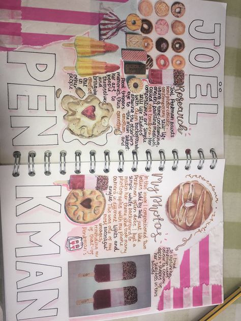 Joel Penkman Artist Research, Gcse Art Sketchbook Food Theme, Mixed Media Art Gcse, Food And Drink Art Gcse Title Page, Gcse Art Food Mind Map, Shopping Gcse Art, Food Artists Gcse, Joel Penkman Gcse Sketchbook, Pop Art Gcse Sketchbook