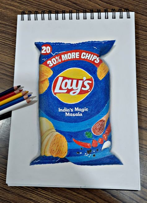 Lay's coloured pencil drawing Color Pencil Art Realistic Food, Lays Chips Drawing, Easy Pencil Colour Drawings Aesthetic, Pencil Colouring Drawing, Pencil Color Sketches Artworks, Color Pencils Artwork Easy, Pencils Colour Drawing, Realistic Object Drawing Colored Pencils, Colour Pencil Shading Drawings