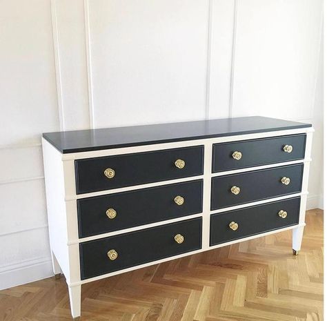 Emily Handcrafted Black White Gold Accents Dresser White Dresser Black Drawers, Black White And Gold Furniture, Black And White Dressers Bedroom, Black Bed White Dresser, Black And Gold Dresser Diy, Black And White Dresser Makeover, Black And White Dresser Diy, Gold Dresser Diy, White And Black Furniture