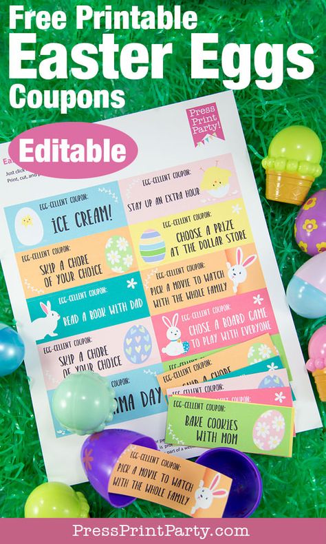 Easter Hunt Ideas, Easter Egg Coupons, Birthday Party Planner Printable, Easter Coupons, Easter Egg Stuffers, Egg Stuffers, Unique Easter Eggs, Holidays Decorations, Egg Fillers