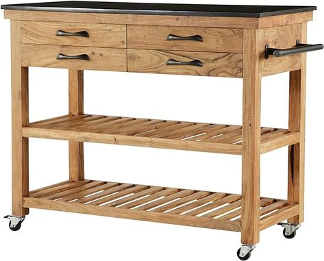 Amazon.com - Deco 79 Wood Rolling 4 Drawers and 2 Shelves Kitchen Cart with Handle, 46" x 21" x 36", Brown - Bar & Serving Carts Marble Top Kitchen Island, Granite Kitchen Island, Coastal Style Kitchen, Rolling Kitchen Cart, Slatted Shelves, Island Table, Kitchen Island Table, Kitchen Island Cart, Brown Kitchens