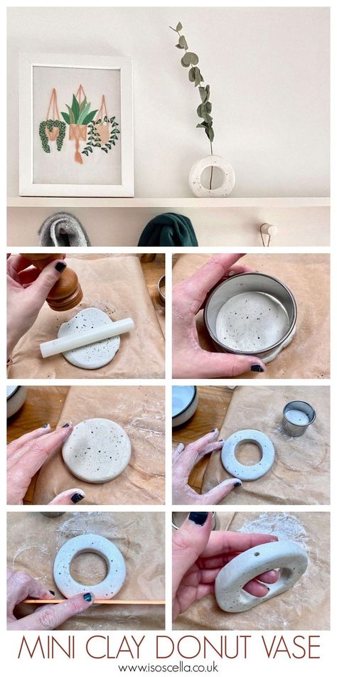 Small Clay Vase Diy, Air Dry Clay Mini Vase, Donut Vase Diy, Clay Small Projects, Air Clay Vase, Mini Clay Vase, Diy Clay Vase Ideas, Mini Ceramic Ideas, Clay Vase Ideas