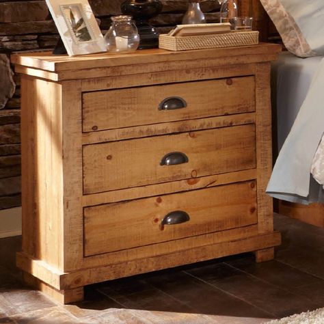 Progressive Furniture Willow 3 Drawer Nightstand - Give your bedroom a welcoming, lodge-style look with the Progressive Furniture Willow 3 Drawer Nightstand . This bedside organizer is crafted from... Pine Nightstand, Upholstered Bedroom Set, Pine Bedroom, Bedside Organizer, Three Drawer Nightstand, King Upholstered Bed, Slatted Headboard, 3 Drawer Nightstand, Bed Slats