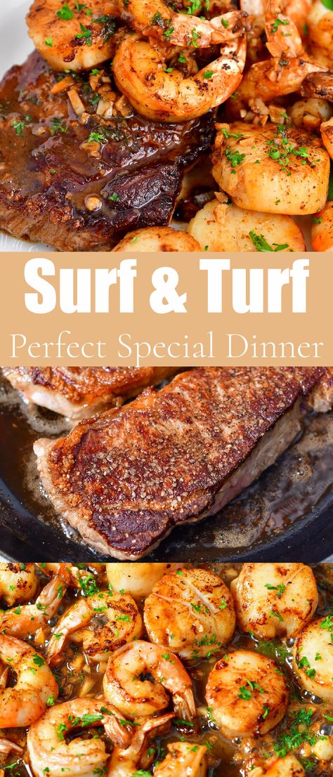 This surf and turf recipe is a perfect combination of the juicy, pan-seared steak with sautéed shrimp and scallops in a buttery garlic sauce. This dish is very easy to make and will take only about 20 minutes to cook. It’s a great dinner for a special night! Buttery Garlic Sauce, Surf N Turf Recipes, Shrimp And Scallop Recipes, Steak Toppings, Scallops Recipe, Crescent Recipes, Friends Recipes, Steak And Shrimp, Easy Steak