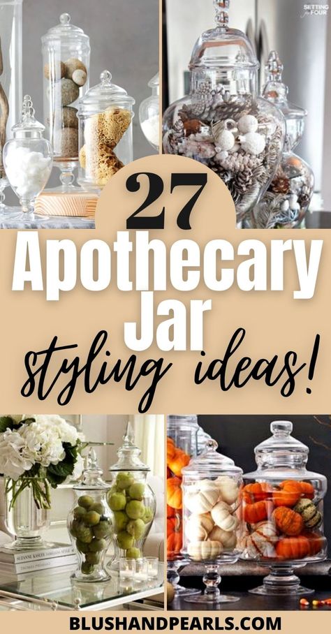 Filling Apothecary Jars, How To Decorate Apothecary Jars Ideas, Apothecary Jar Decorating Ideas, Fill Jars Ideas, Kitchen Vase Filler Ideas, Decorative Fillers Ideas, Apothecary Decor Kitchen, How To Fill Glass Vases Decorating Ideas, Decorative Jar Filler Ideas