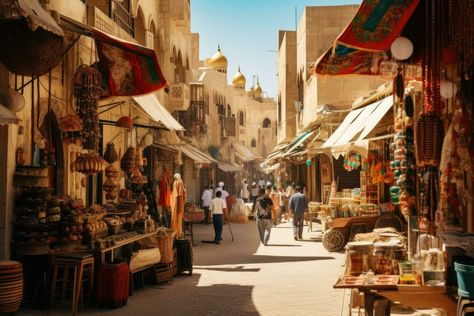 AI generated Unidentified people walking in the street in Jaisalmer, Rajasthan, India, A bustling marketplace in a Middle Eastern town, AI Generated Middle Eastern Cities, Middle Eastern City Fantasy Art, Fantasy Middle Eastern City, Indian Town, Middle Eastern Marketplace, Rajasthan Street, Stone Entryway, Hampi, People Walking