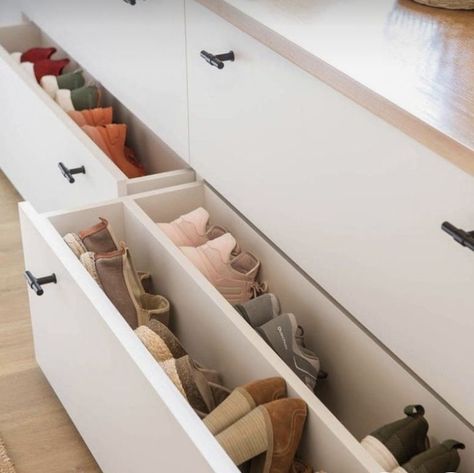 Shoe Built In Storage, Entry Way Built In Shoe Storage, Shoe Drawer Entryway, Shoe Drawer Ideas, Closet Shoe Drawer, Built In Shoe Storage Entrance, Built In Bench With Shoe Storage, Walk In Robe Shoe Storage, Shoe Storage Built In