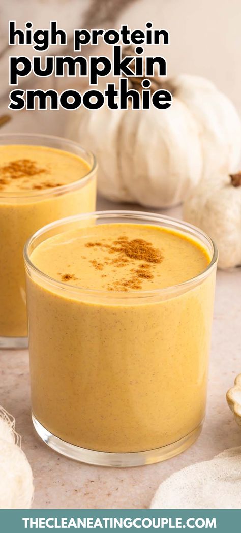 A High Protein Pumpkin Smoothie that is packed with 30g+ of protein! Easily made vegan, this pumpkin protein shake is delicious and can be made in 5 minutes! It's made with no bananas and is great for a post workout snack to support weight loss. Arbonne Pumpkin Protein Shake, Canned Pumpkin Smoothie, Pumpkin Protein Smoothie Healthy, Protein Veggie Smoothie Recipes, Protein Oat Smoothie, Pumpkin Smoothie No Banana, Chocolate Pumpkin Protein Shake, Veggie Protein Smoothie, Pumpkin Protein Powder Recipes