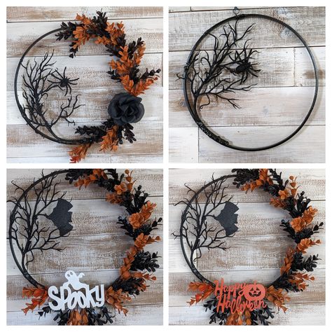 This beautiful and durable Halloween Wreath is a great decoration and surprise for Halloween visitors or Trick or Treaters. The wreath is made on a 12 inch wood hoop frame. These wreaths are made with artificial branches (plastic), plastic spiders or bats, artificial boxwood (plastic), artificial flowers, and wooden text signs. Materials are painted to add Halloween colors. The wreaths are handmade so each one is going to be unique. You can choose several different options for the wreath. You wi Halloween Hoop Wreath, Mini Fall Wreath, Simple Halloween Wreath, Small Frame Ideas, Small Wire Wreath Ideas, Halloween Wreaths For Front Door Diy, Halloween Wreaths Diy Dollar Stores, Diy Fall Wreath Ideas, Bat Wreath