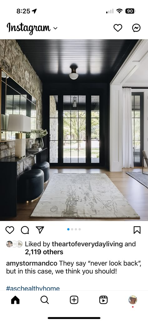 2/2 black trim and ceiling in entry Black Trim Interior Old House, Black Ceiling And Trim, Black Beadboard Ceiling, Black Hallway Ceiling, Black Accent Ceiling, Living Room With Black Trim, Farmhouse Molding And Trim, Black Baseboards And Trim, Black Moldings And Trim