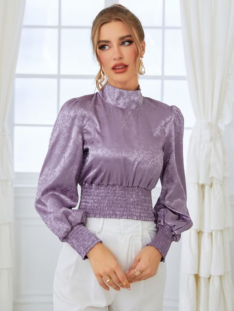 Mauve Purple Glamorous  Long Sleeve Satin Plain Top Embellished Non-Stretch All Women Tops, Blouses & Tee Satin Clothes, Lantern Sleeve Top, Purple Party, Mauve Purple, Popular Outfits, Floral Jacquard, Satin Shirt, Plain Shirts, Satin Blouse