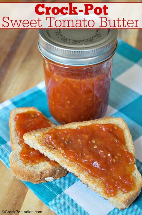 Crock-Pot Sweet Tomato Butter - Use up fresh or canned tomatoes with this delicious & flavorful Crock-Pot Sweet Tomato Butter. Serve with crackers or bread! [Gluten Free, Low Calorie, Low Carb, Low Cholesterol, Low Fat, Low Sodium, Low Sugar, Vegan, Vegetarian & Weight Watchers friendly!] #CrockPotLadies #CrockPot #SlowCooker #Canning #5IngredientsOrLess #WeightWatchers Low Carb Low Cholesterol, Tomato Butter Recipe, Tomato Jelly, Low Calorie Low Carb, Tomato Tomato, Bread Gluten Free, Easy Jam, Tomato Butter, Canning Ideas