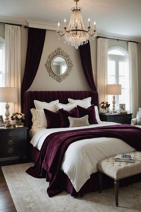 Get inspiration from these 20 modern white bedroom ideas! From minimalist chic to luxurious retreats, discover the latest trends and decoration tips to create your dream bedroom. Pin now and start planning your serene oasis! Bedroom Inspirations Master Cozy Elegant, Plum And White Bedroom, Bedroom Inspo Vintage Modern, Room Setting Ideas Bedrooms, Italian Style Bedroom Ideas, Burgundy Bedroom Aesthetic, Burgundy Room Ideas, Burgundy Room Ideas Bedrooms, Pretty Bedrooms For Women