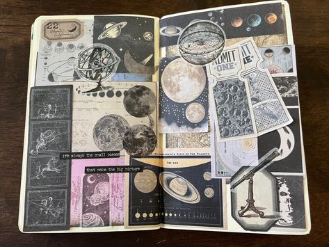 Space Theme Journal Page, Astronomy Junk Journal, Space Aesthetic Journal, Space Themed Scrapbook, Galaxy Junk Journal, Space Junk Journal, Space Journal Ideas, Space Theme Journal, Aesthetic Junk Journal