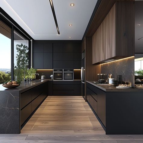 Dark Kitchen Aesthetic Modern, All Black Kitchen Modern Luxury, Big Kitchen Aesthetic Modern, Black Modern House Interior Design Led Lights, Big Kitchen Luxury Black, Modern Kitchen 2020, Dining Design, Kitchen Design Plans, Kitchen Interior Design Modern